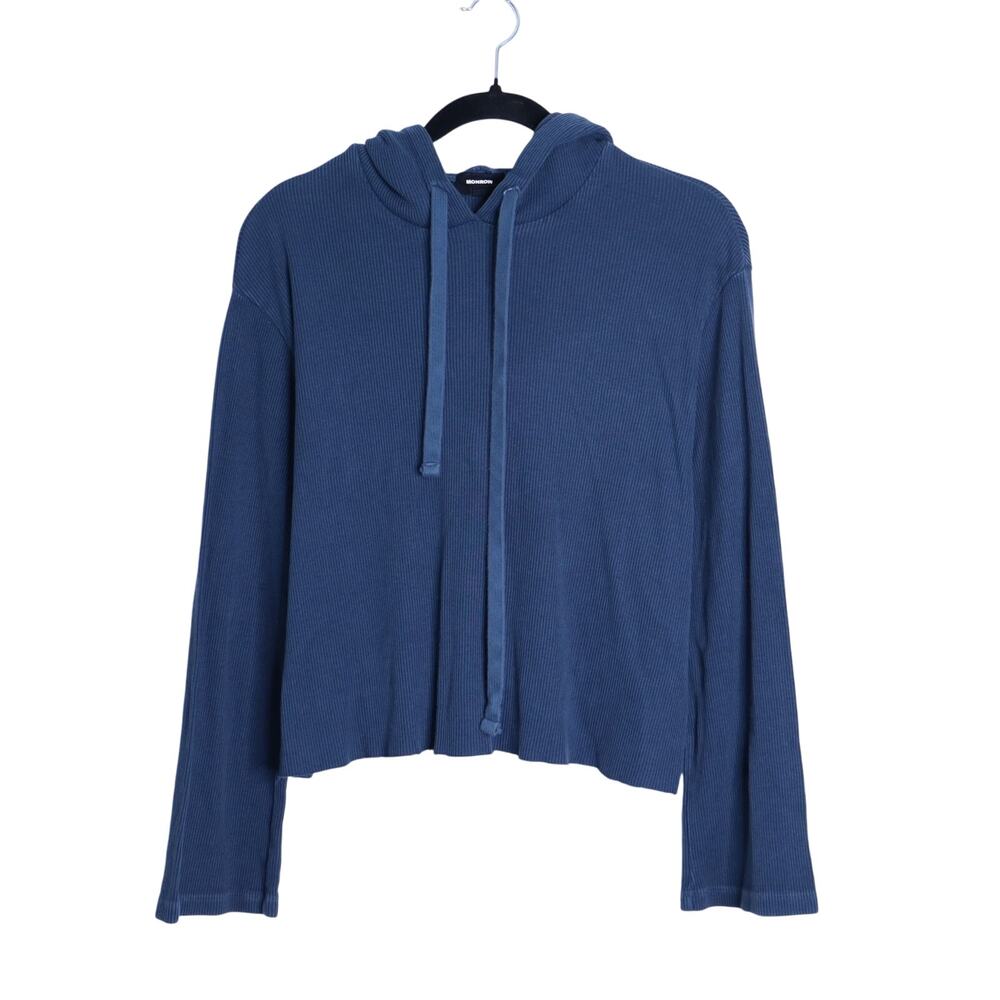 MONROW Brushed Thermal Pullover Hoodie Blue Ribbed Long Sleeve Women's L